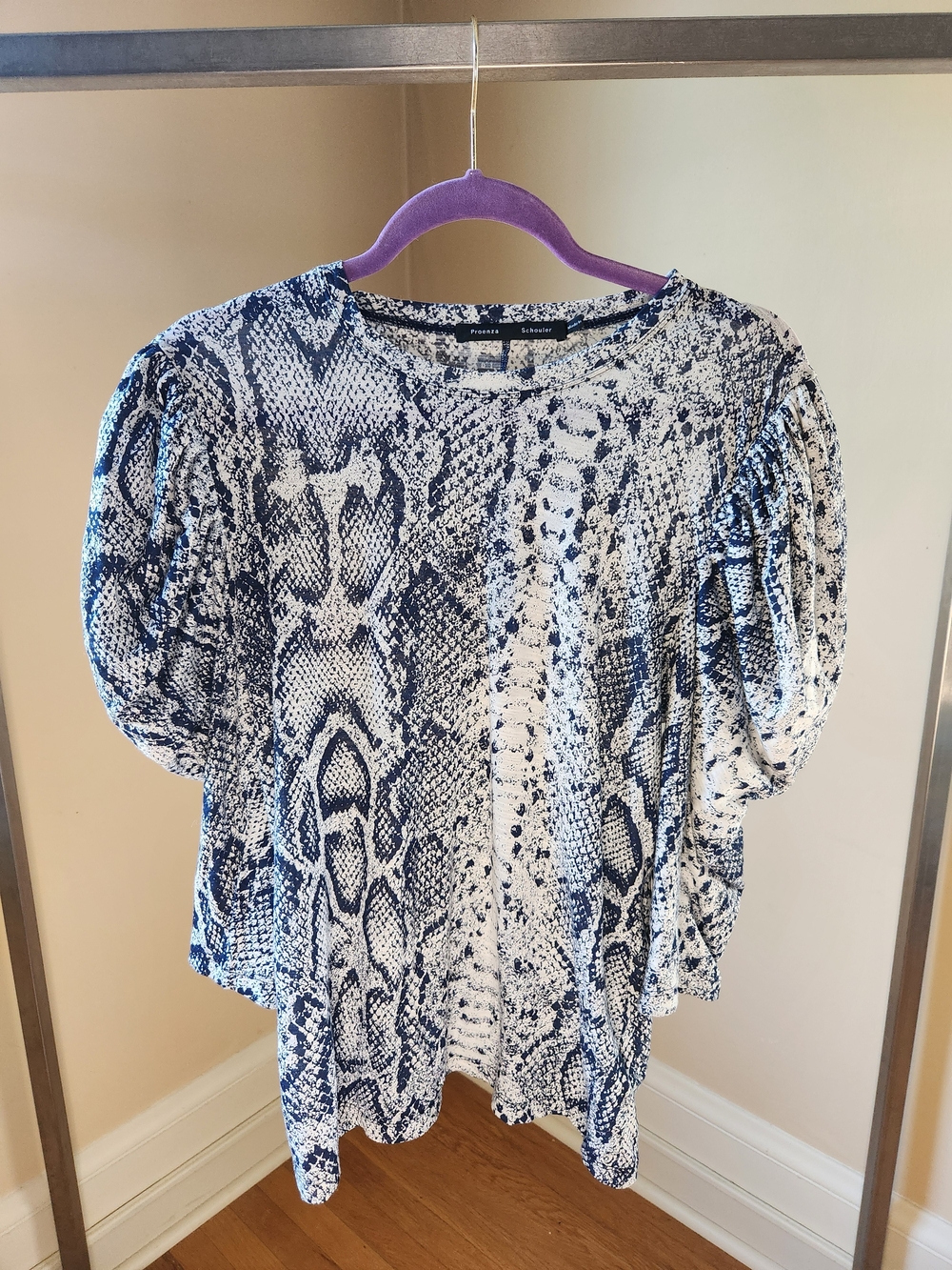 Proenza Schouler Navy and White Snake-Print Puff Sleeve Blouse
